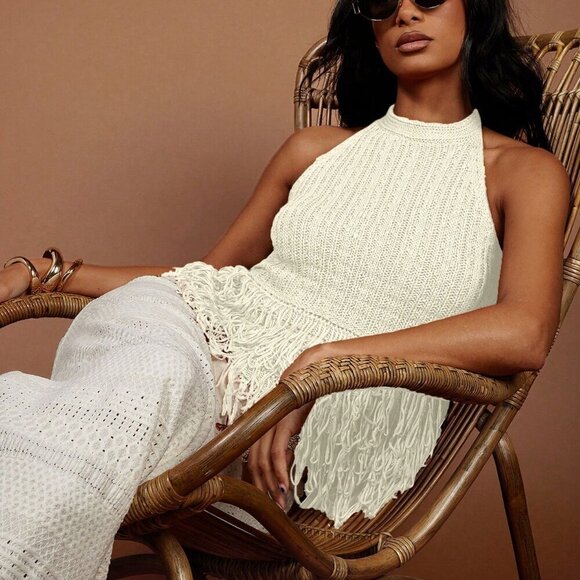 White Casual Women's Vacation Fringe Hem Halter Neck Knit Top - Picture 6 of 9